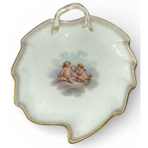Meissen Leaf Shaped Plate Gold Rim Cherubs Germany Porcelain